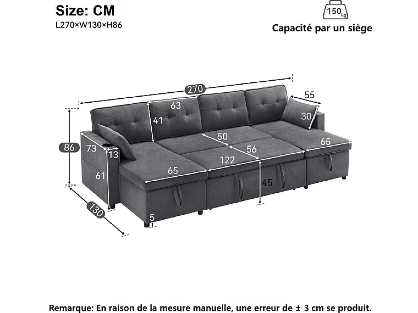 Sofá de esquina convertible con 2 cajones de almacenamiento, cojín y portavasos - Algodón y lino - 270×130×86 cm - Gris