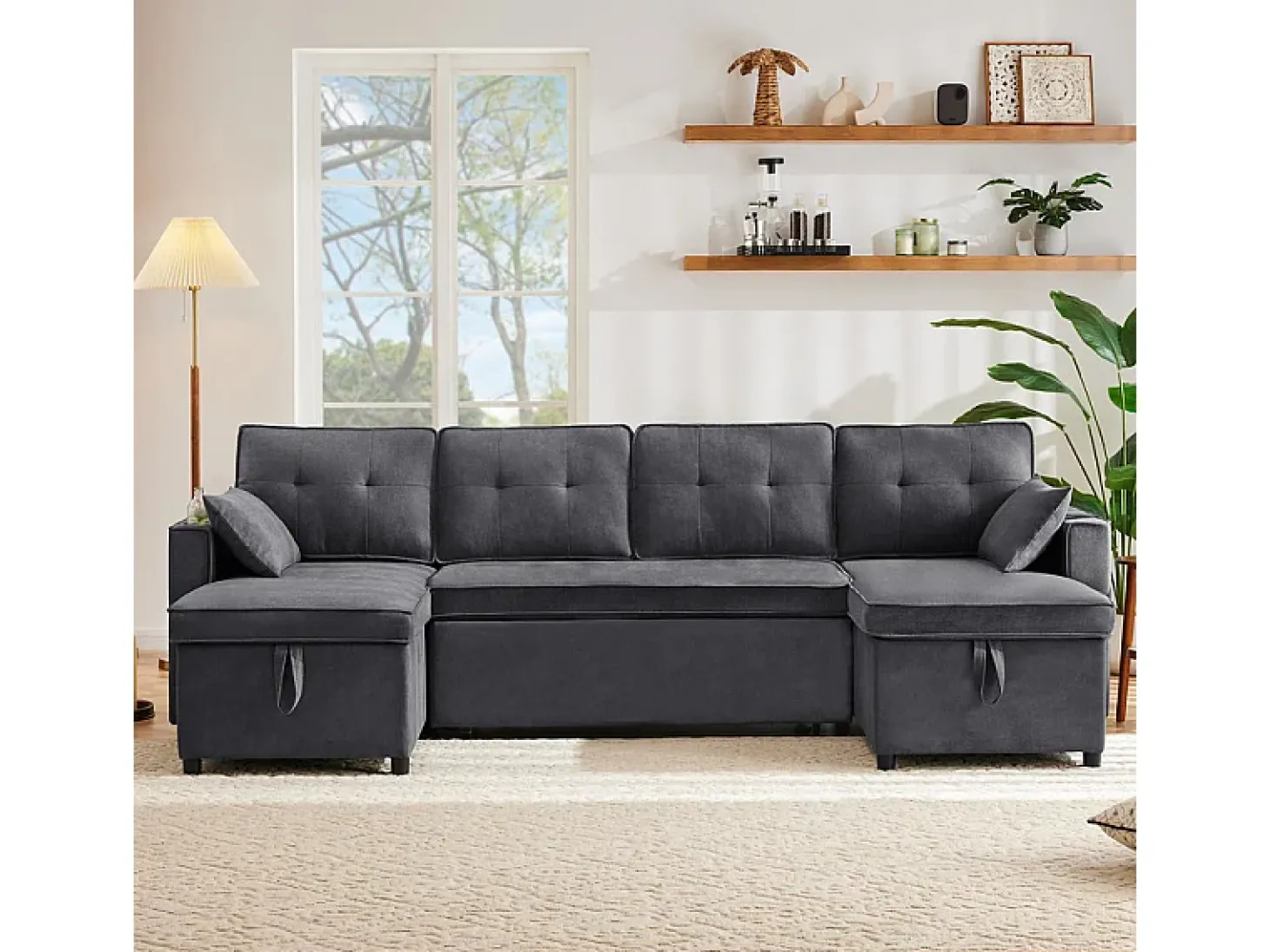 Sofá de esquina convertible con 2 cajones de almacenamiento, cojín y portavasos - Algodón y lino - 270×130×86 cm - Gris