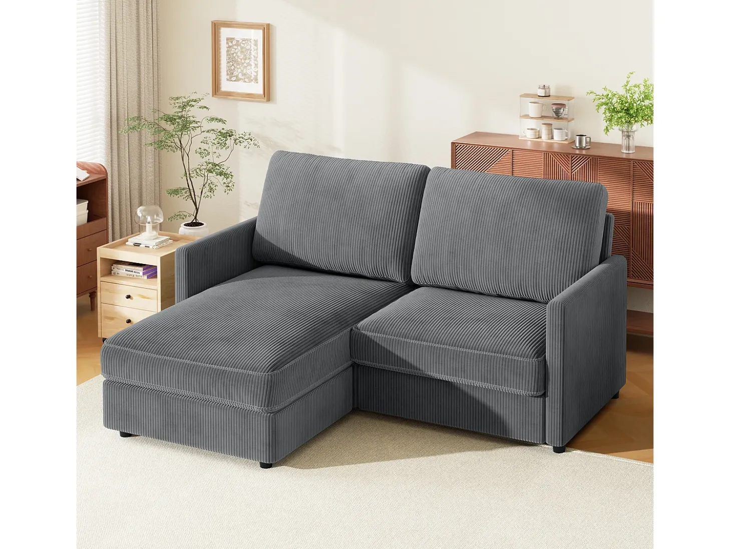 Sofá de esquina de 2 salas - ángulo reversible derecho / izquierda - 180x140x86cm - en tela de terciopelo acanalado - carga máxima de 300 kg - gris antracita