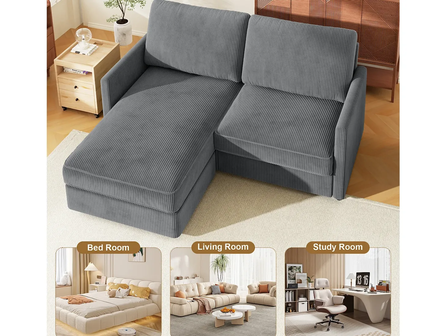 Sofá de esquina de 2 salas - ángulo reversible derecho / izquierda - 180x140x86cm - en tela de terciopelo acanalado - carga máxima de 300 kg - gris antracita