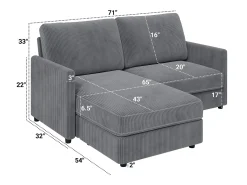 Sofá de esquina de 2 salas - ángulo reversible derecho / izquierda - 180x140x86cm - en tela de terciopelo acanalado - carga máxima de 300 kg - gris antracita
