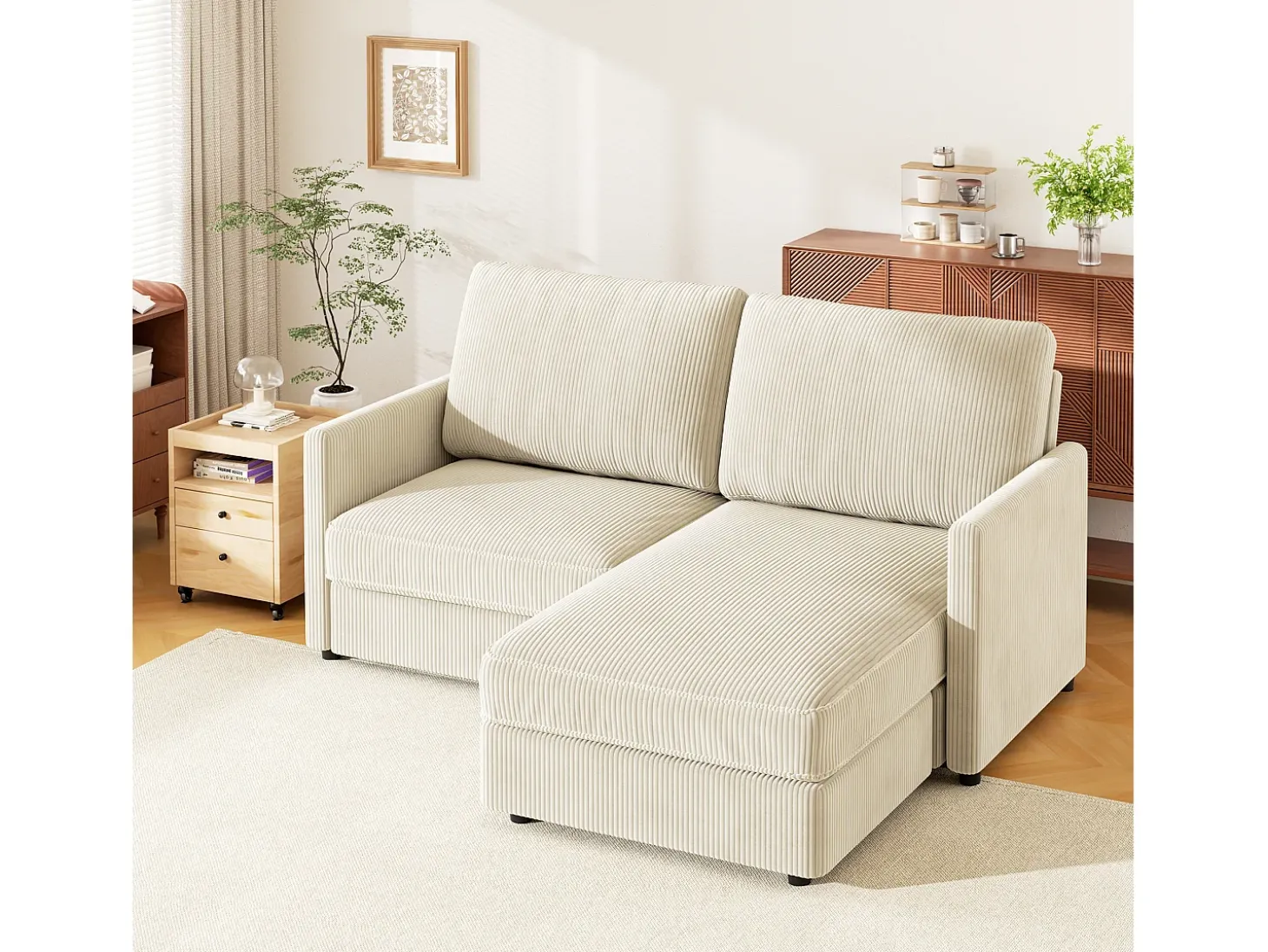 Sofá de esquina de 2 salas - ángulo reversible derecho / izquierda - 180x140x86cm - en tela de terciopelo acanalado - carga máxima de 300 kg - beige