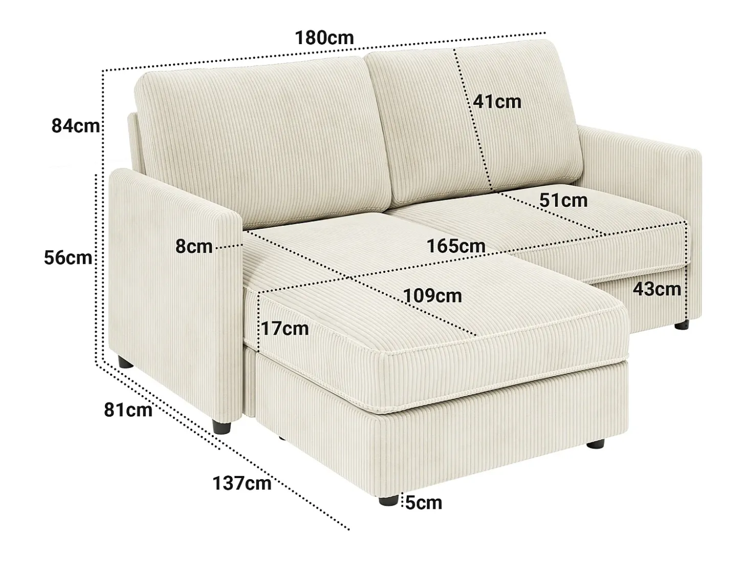 Sofá de esquina de 2 salas - ángulo reversible derecho / izquierda - 180x140x86cm - en tela de terciopelo acanalado - carga máxima de 300 kg - beige