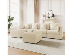 Sofá de esquina en forma de U - 6 plazas - con reposabrazos ajustables - con reposapiés desmontable - Pana acanalada - beige