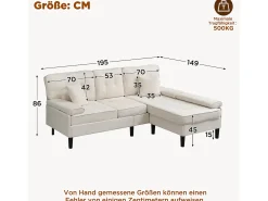 Sofá de esquina en L 3 plazas - con 2 cojines - Pouf removible - Tela chenille - Beige