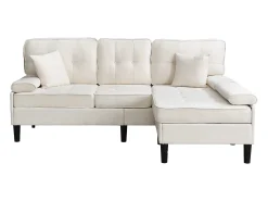 Sofá de esquina en L 3 plazas - con 2 cojines - Pouf removible - Tela chenille - Beige