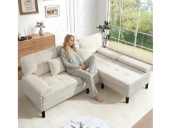 Sofá de esquina en L 3 plazas - con 2 cojines - Pouf removible - Tela chenille - Beige