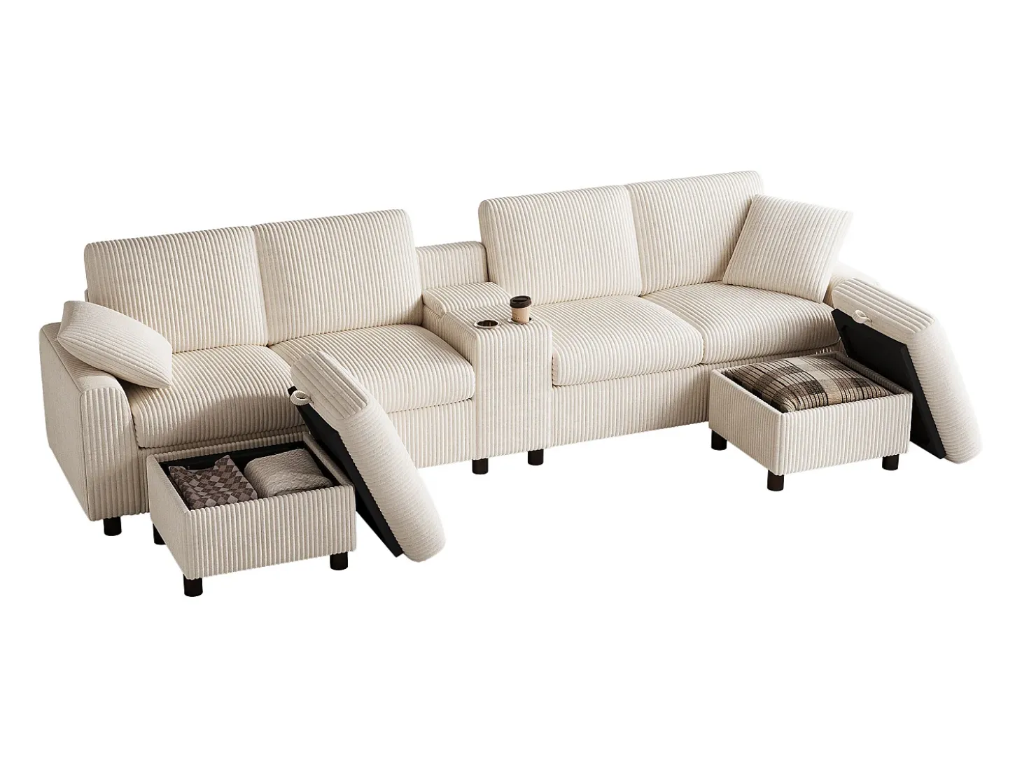 Sofá de esquina moderno en forma de U - con USB y Type-C - con 2 reposapiés con almacenamiento - con 2 portavasos - pana acanalada - Beige