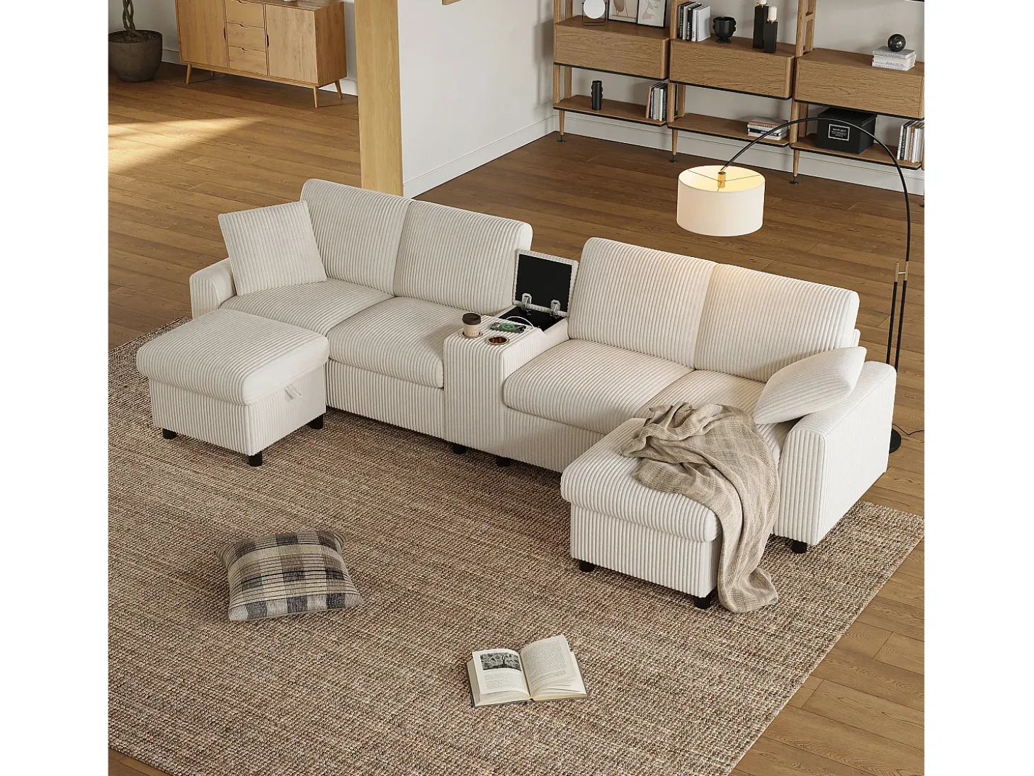 Sofá de esquina moderno en forma de U - con USB y Type-C - con 2 reposapiés con almacenamiento - con 2 portavasos - pana acanalada - Beige
