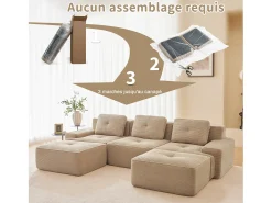 Sofá de Esquina Modular Forma de U en Pana, con 2 otomanas y 3 cojines, 293x177x69cm, Beige