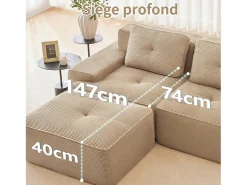 Sofá de Esquina Modular Forma de U en Pana, con 2 otomanas y 3 cojines, 293x177x69cm, Beige