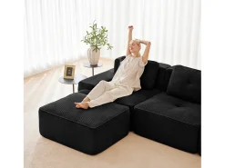 Sofá de Esquina Modular Forma de U en Pana, con 2 otomanas y 3 cojines, 293x177x69cm, Negro