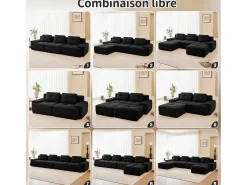 Sofá de Esquina Modular Forma de U en Pana, con 2 otomanas y 3 cojines, 293x177x69cm, Negro