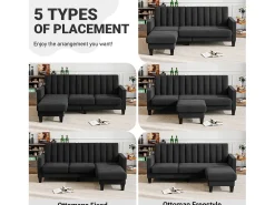 Sofá de esquina reversible de 3/4 plazas en tela negra - Meridian o Pouf - Rayas verticales - 208x76x85cm