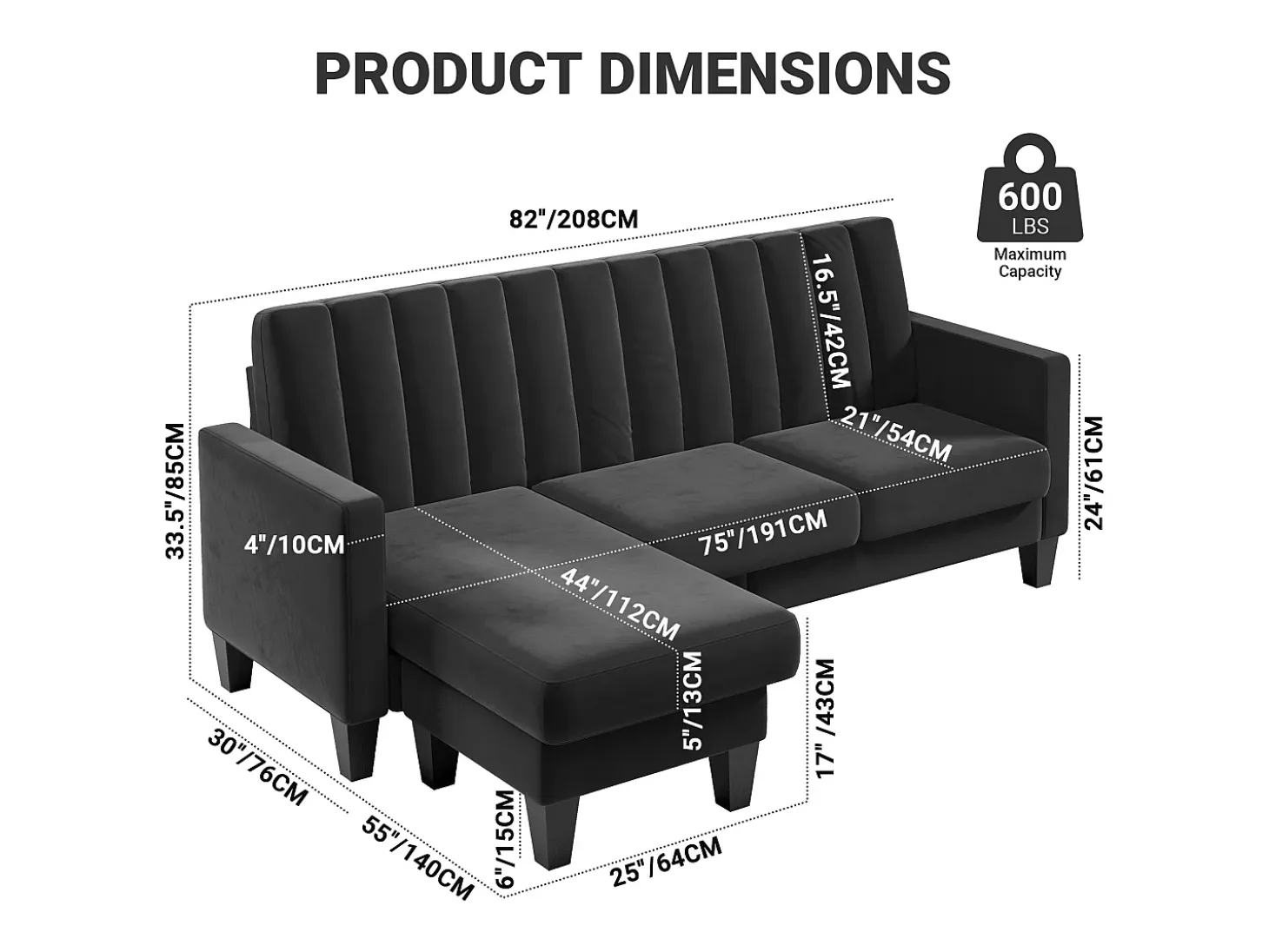 Sofá de esquina reversible de 3/4 plazas en tela negra - Meridian o Pouf - Rayas verticales - 208x76x85cm