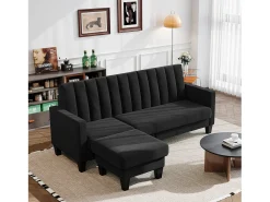 Sofá de esquina reversible de 3/4 plazas en tela negra - Meridian o Pouf - Rayas verticales - 208x76x85cm