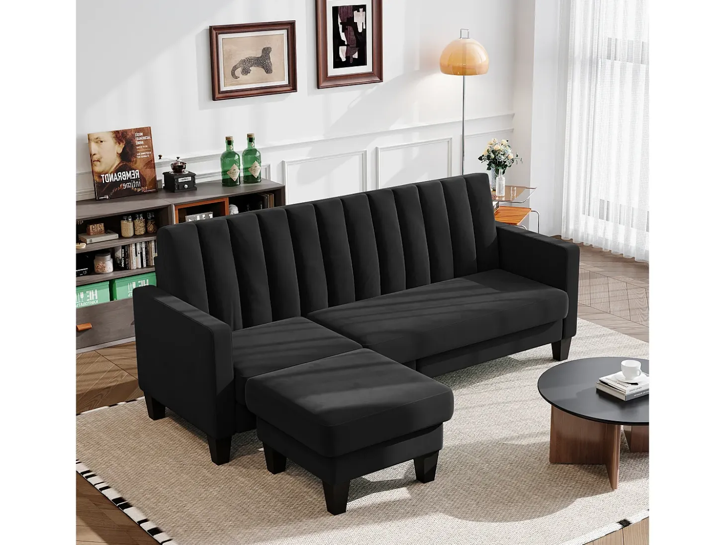 Sofá de esquina reversible de 3/4 plazas en tela negra - Meridian o Pouf - Rayas verticales - 208x76x85cm