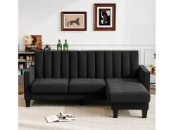 Sofá de esquina reversible de 3/4 plazas en tela negra - Meridian o Pouf - Rayas verticales - 208x76x85cm