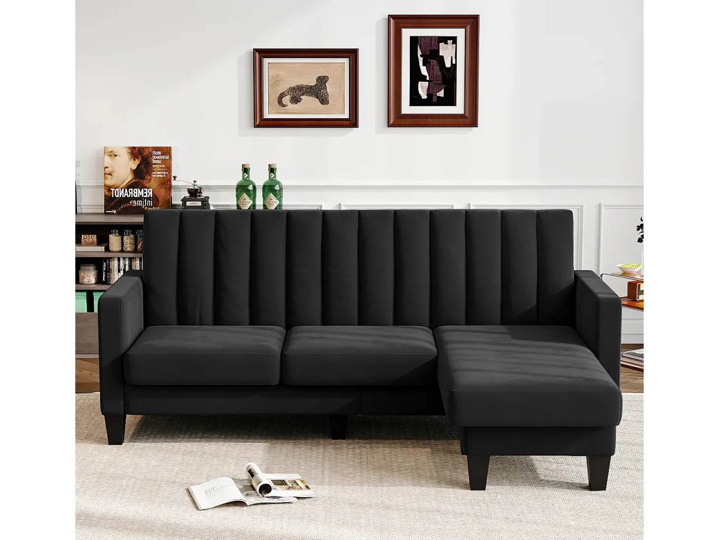 Sofá de esquina reversible de 3/4 plazas en tela negra - Meridian o Pouf - Rayas verticales - 208x76x85cm