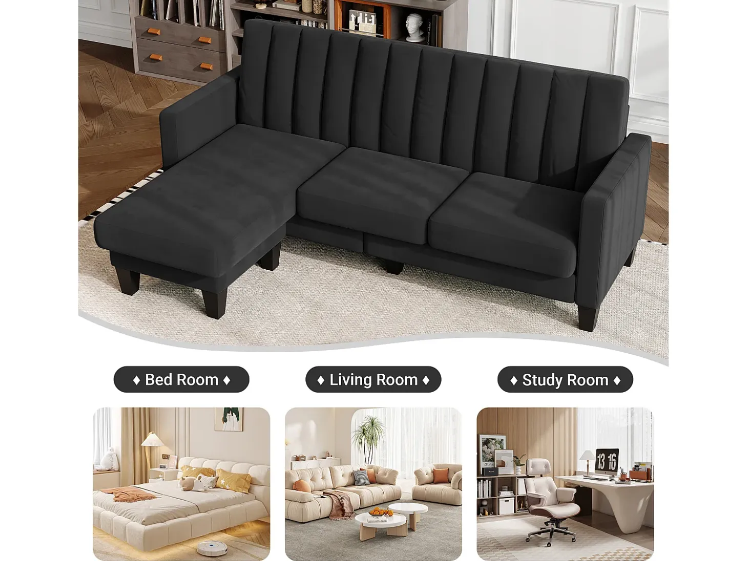 Sofá de esquina reversible de 3/4 plazas en tela negra - Meridian o Pouf - Rayas verticales - 208x76x85cm