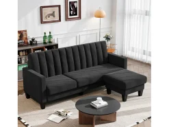 Sofá de esquina reversible de 3/4 plazas en tela negra - Meridian o Pouf - Rayas verticales - 208x76x85cm