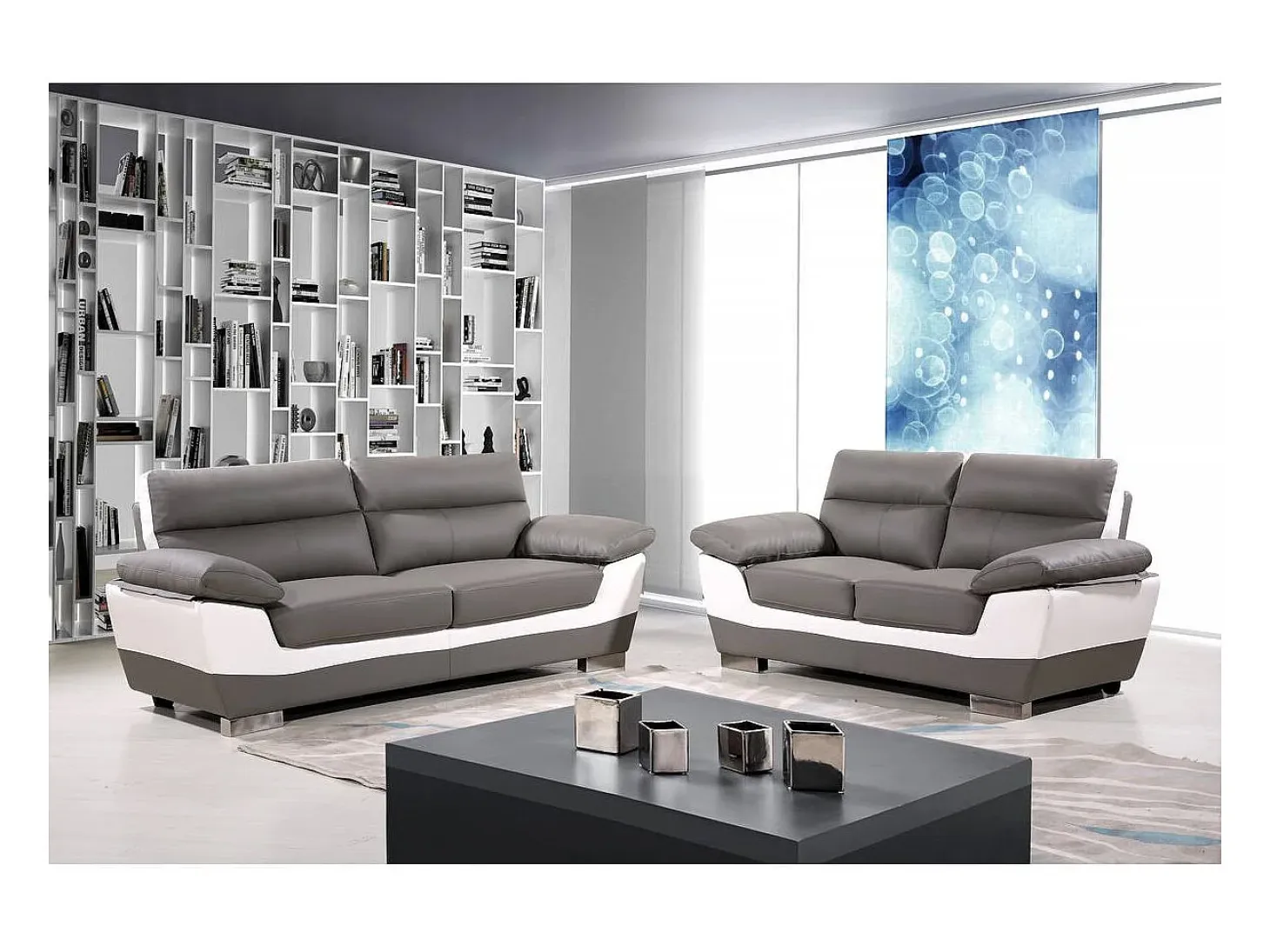 Sofá de piel reconstituido / PVC Dallas - 3 plazas Gris/Blanco