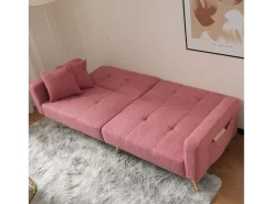 Sofá de salón, sofá de dos plazas de felpa rosa con respaldo acolchado ajustable y patas doradas