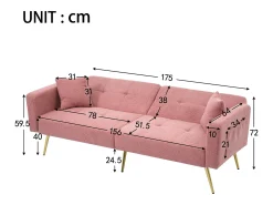 Sofá de salón, sofá de dos plazas de felpa rosa con respaldo acolchado ajustable y patas doradas
