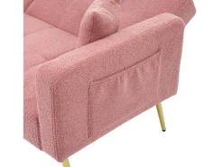Sofá de salón, sofá de dos plazas de felpa rosa con respaldo acolchado ajustable y patas doradas