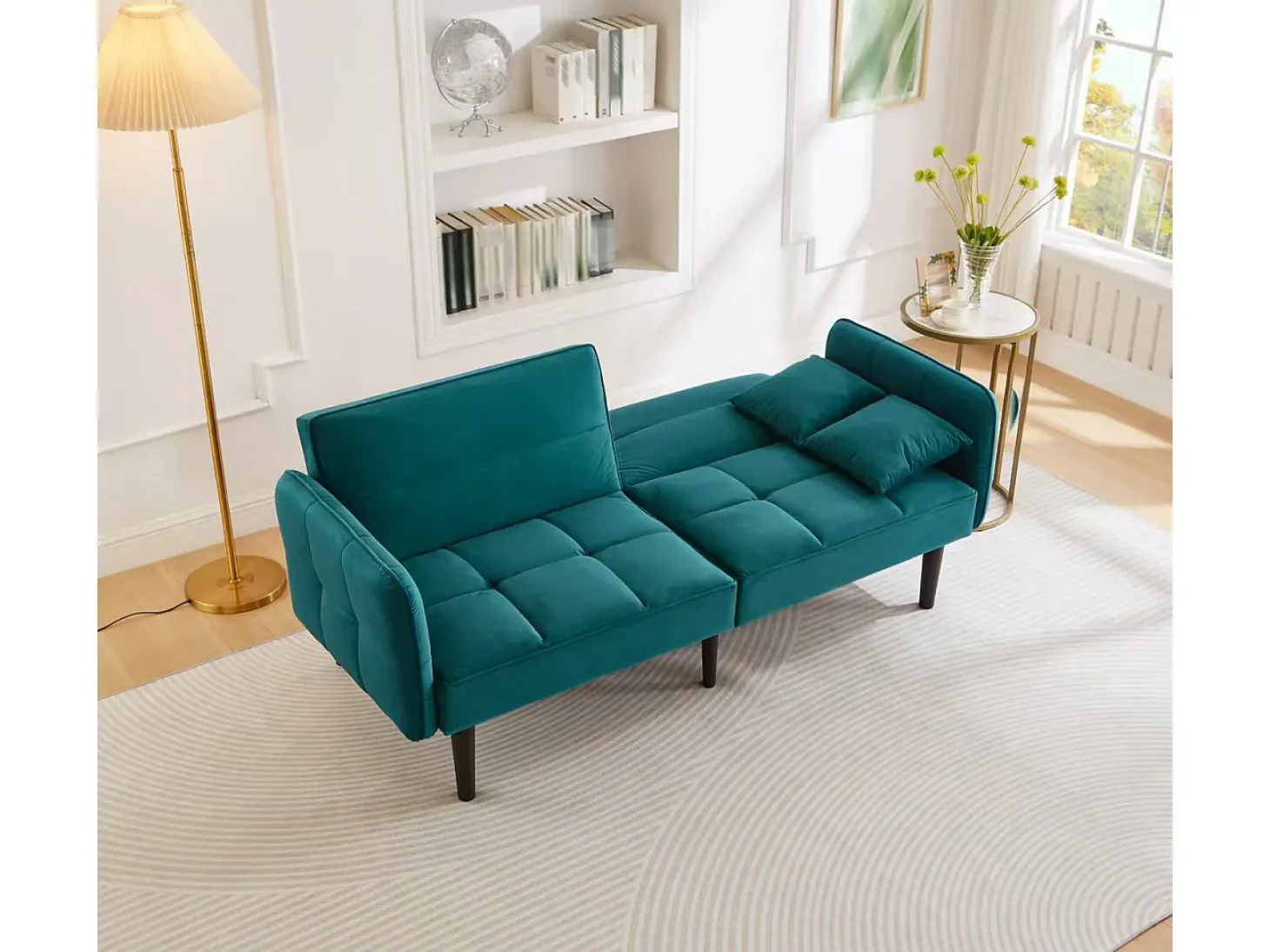 Sofá de salón verde - Sofá con reposabrazos abatibles y 2 cojines - seis patas de madera maciza - para salones y dormitorios