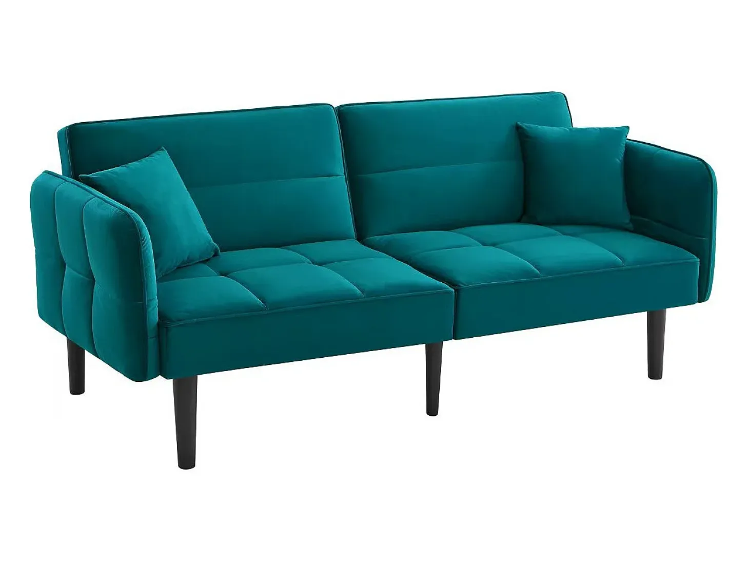 Sofá de salón verde - Sofá con reposabrazos abatibles y 2 cojines - seis patas de madera maciza - para salones y dormitorios