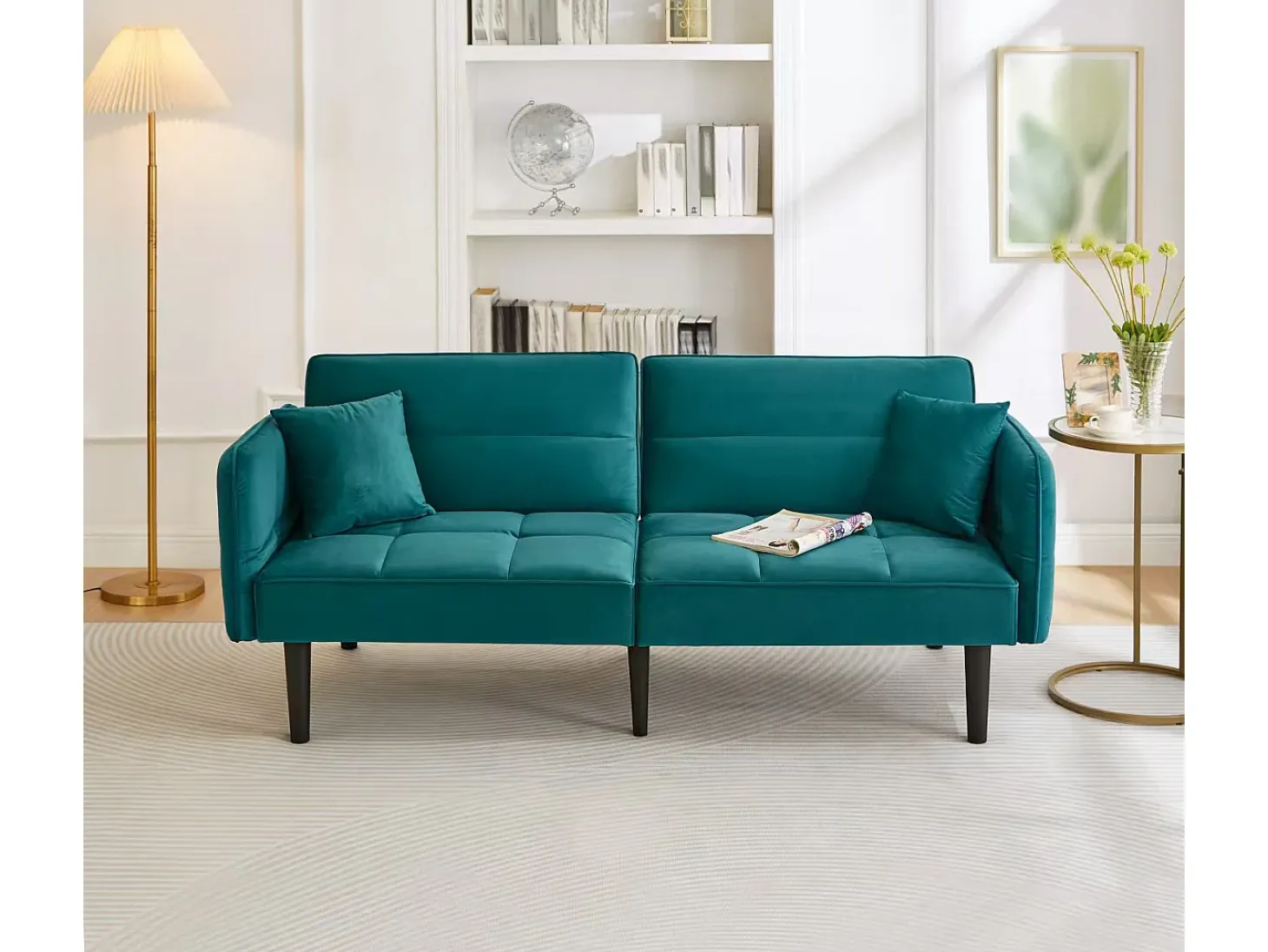 Sofá de salón verde - Sofá con reposabrazos abatibles y 2 cojines - seis patas de madera maciza - para salones y dormitorios