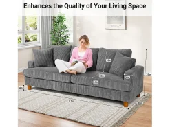 Sofá de terciopelo acanalado de 3 salones, sofá derecha acolchado moderno grande con asientos profundos adicionales de 53 cm - 2 cojines - 220x76x84cm - gris gris