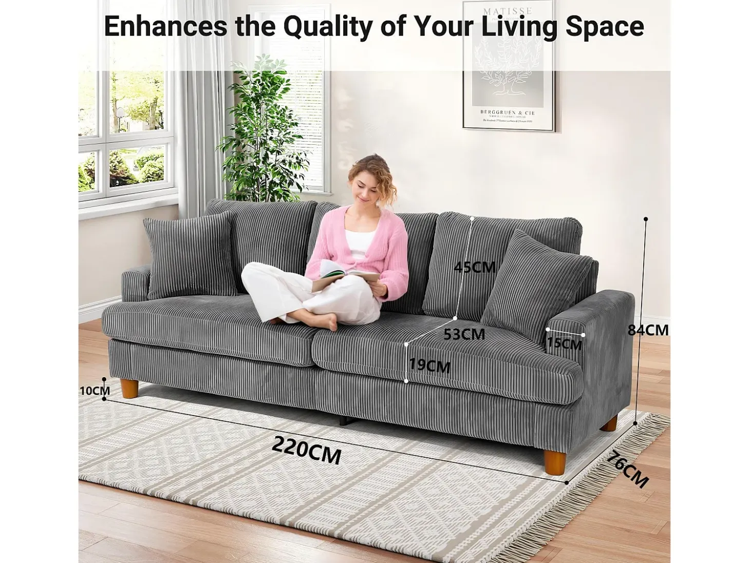Sofá de terciopelo acanalado de 3 salones, sofá derecha acolchado moderno grande con asientos profundos adicionales de 53 cm - 2 cojines - 220x76x84cm - gris gris