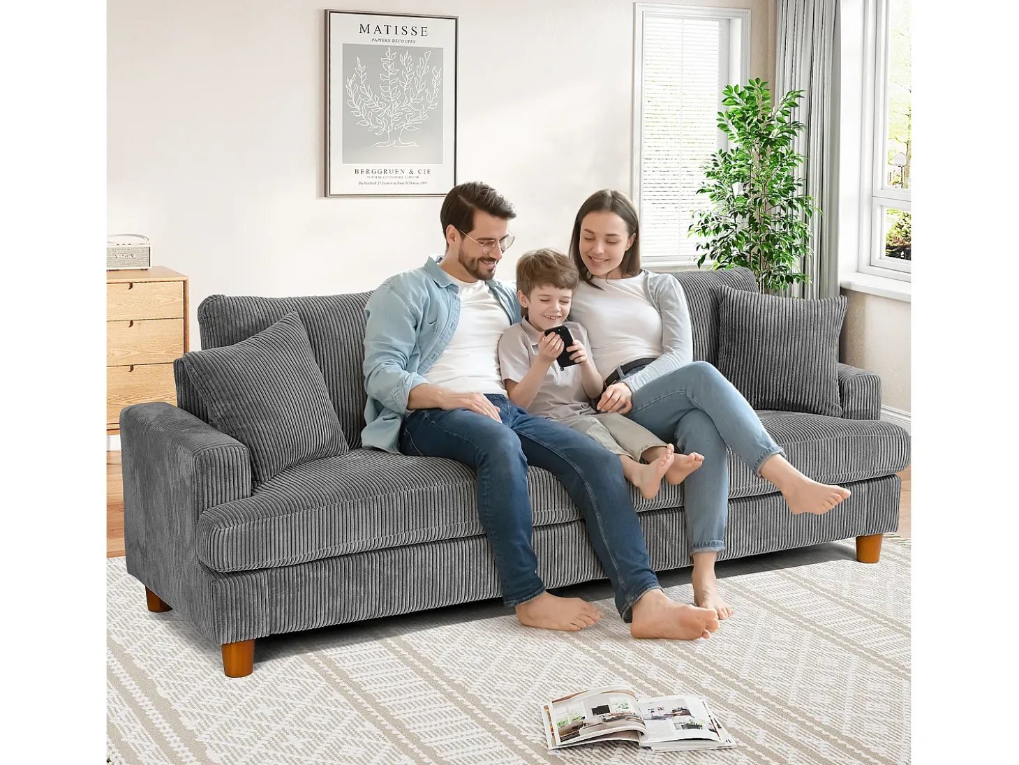 Sofá de terciopelo acanalado de 3 salones, sofá derecha acolchado moderno grande con asientos profundos adicionales de 53 cm - 2 cojines - 220x76x84cm - gris gris