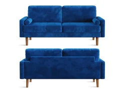 Sofá de terciopelo derecho azul y madera maciza - 3 lugares - carga máxima 300 kg - 176x78x85cm