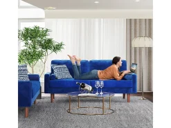 Sofá de terciopelo derecho azul y madera maciza - 3 lugares - carga máxima 300 kg - 176x78x85cm