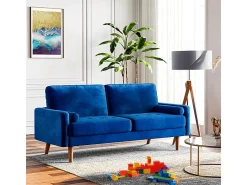 Sofá de terciopelo derecho azul y madera maciza - 3 lugares - carga máxima 300 kg - 176x78x85cm