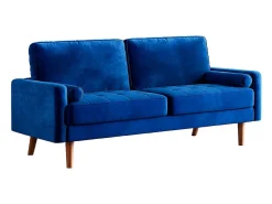 Sofá de terciopelo derecho azul y madera maciza - 3 lugares - carga máxima 300 kg - 176x78x85cm