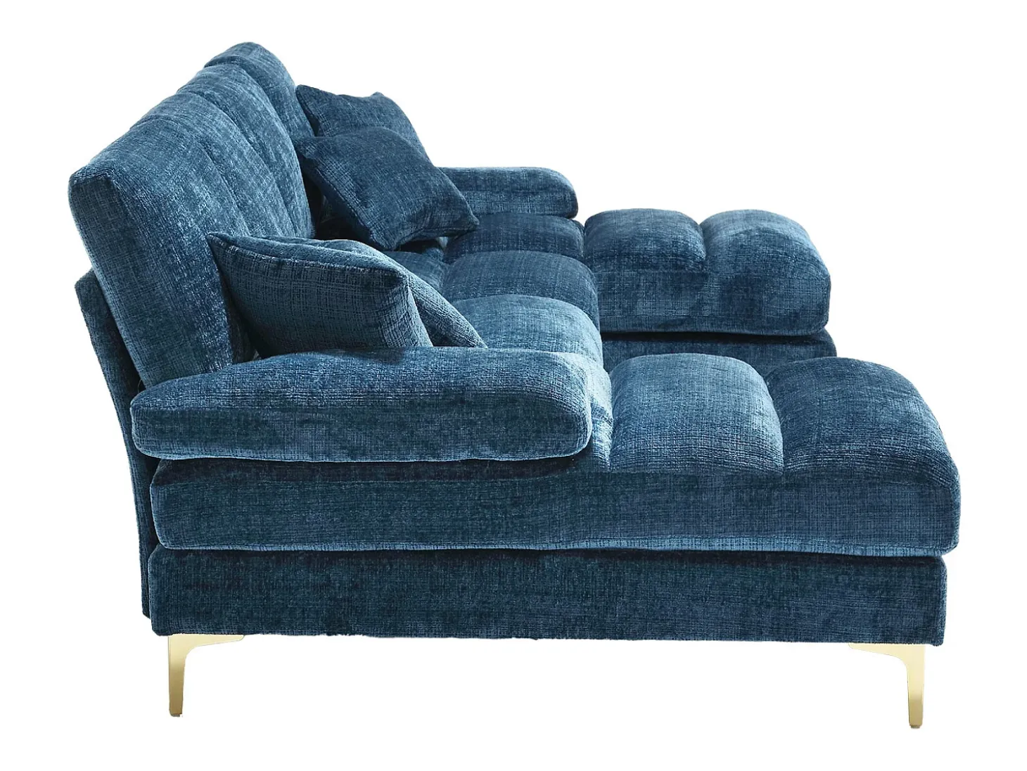 Sofá en forma de U de chenilla azul, tapizado con cojines y cojines decorativos - para salón y dormitorio
