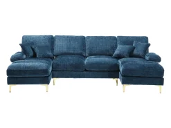 Sofá en forma de U de chenilla azul, tapizado con cojines y cojines decorativos - para salón y dormitorio