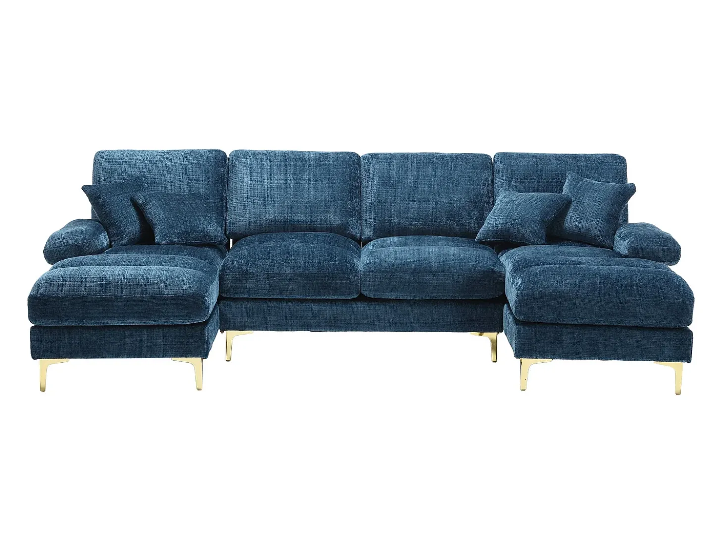 Sofá en forma de U de chenilla azul, tapizado con cojines y cojines decorativos - para salón y dormitorio
