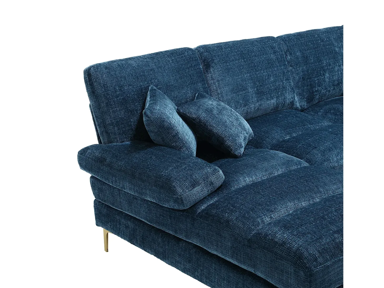 Sofá en forma de U de chenilla azul, tapizado con cojines y cojines decorativos - para salón y dormitorio