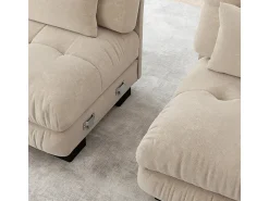 Sofá esquina 2 plazas + 2 poufs - con 4 cojines - tejido felpa beige - 220x145x81cm