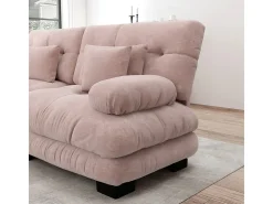 Sofá esquina 2 plazas + 2 poufs - con 4 cojines - tejido felpa rosa - 220x145x81cm