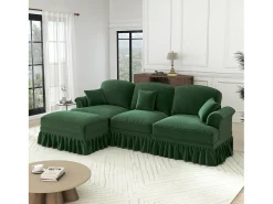 Sofá Esquina Modular 3 Plazas Chenille - Funda Extraíble y Puf Móvil - 272x140x93cm - Verde