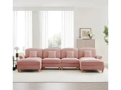 Sofá Esquina Modular 4 Plazas en U - Chenille - Funda Extraíble y 2 Pufs - 350x140x93cm - Rosa