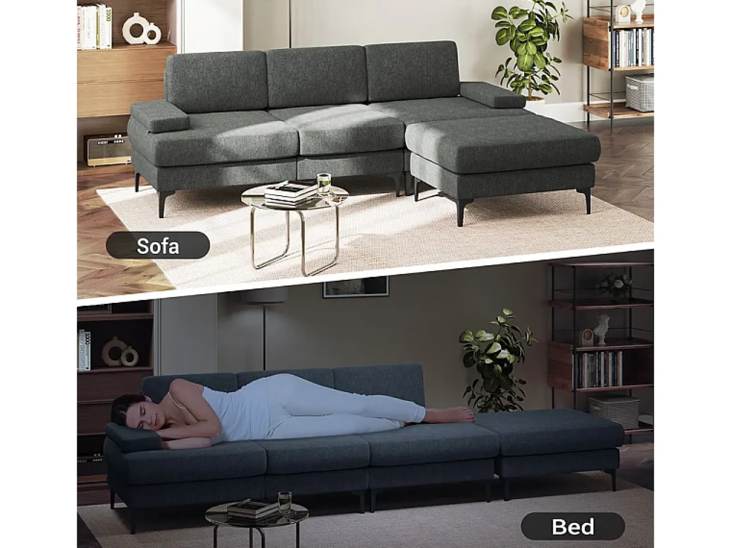 Sofá Esquinero 3 Plazas en Chenilla - con Puff - Carga Máx. 650kg - 244x146x83cm - Gris