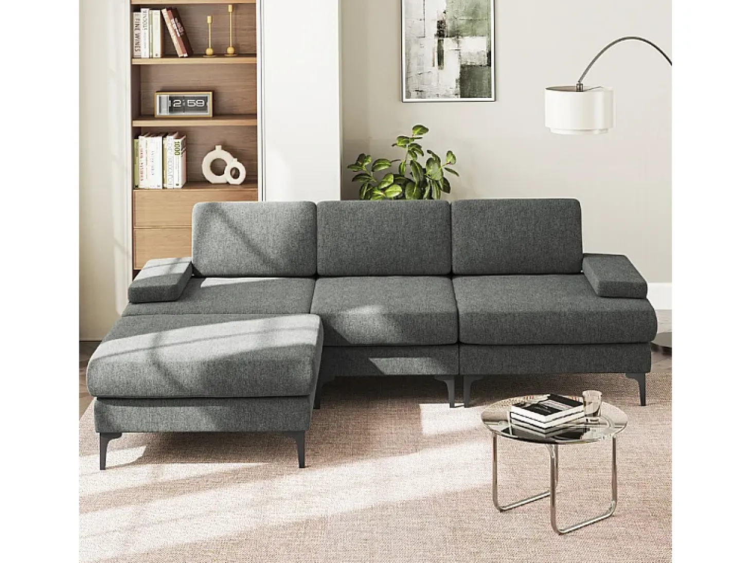 Sofá Esquinero 3 Plazas en Chenilla - con Puff - Carga Máx. 650kg - 244x146x83cm - Gris