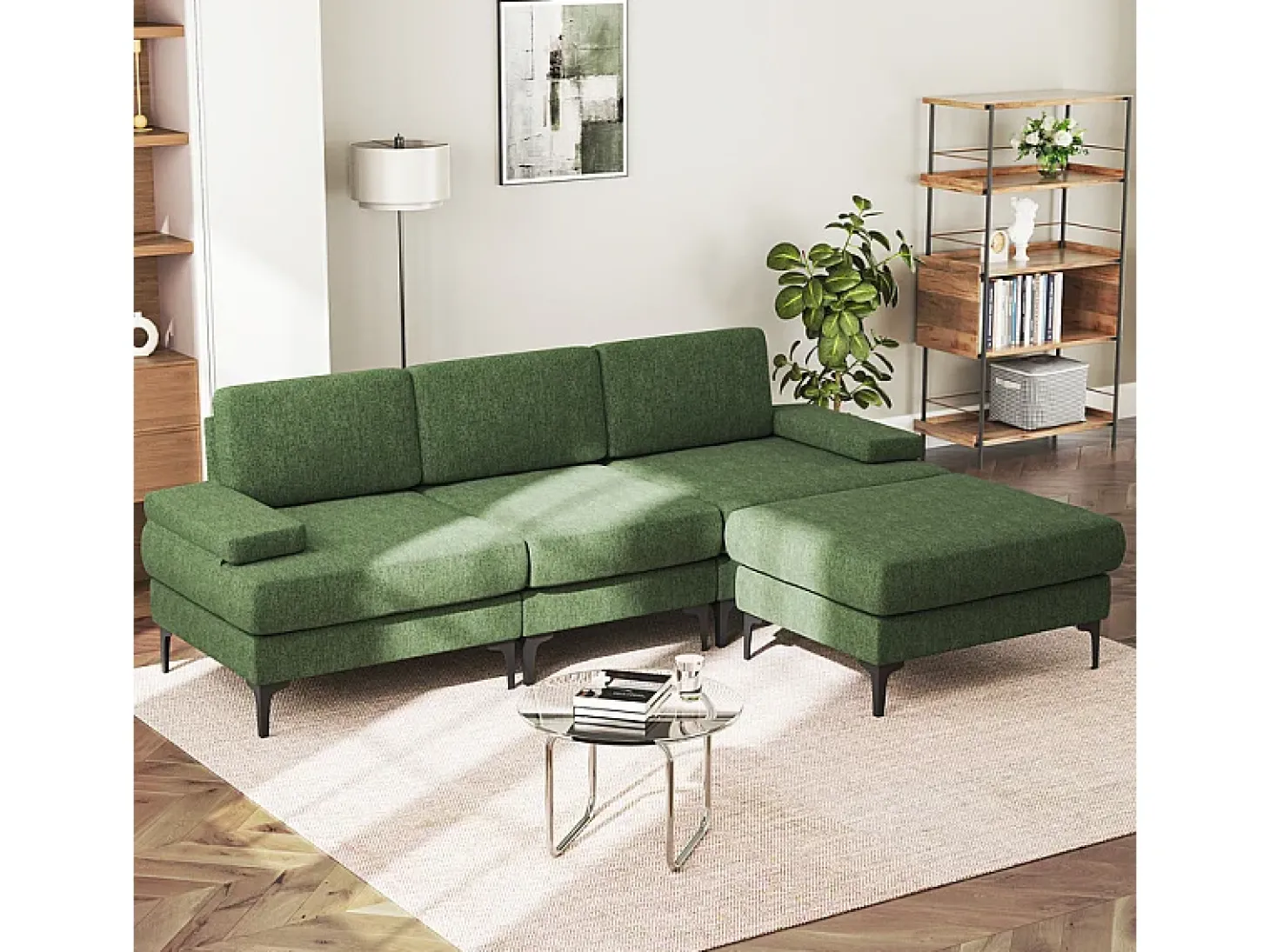 Sofá Esquinero 3 Plazas en Chenilla - con Puff - Carga Máx. 650kg - 244x146x83cm - Verde